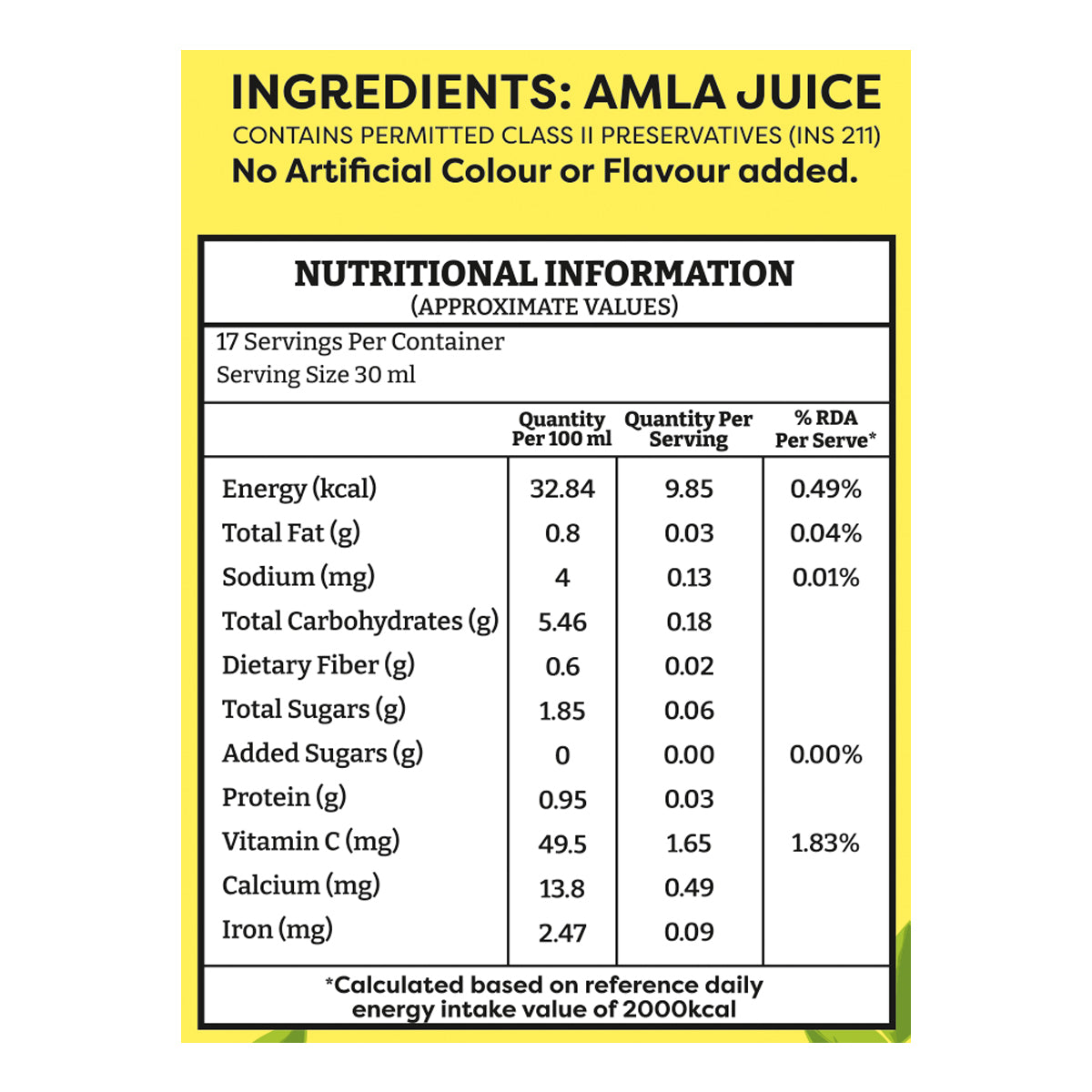 Saaral Amla Juice – 500 ml nutrition packaging view