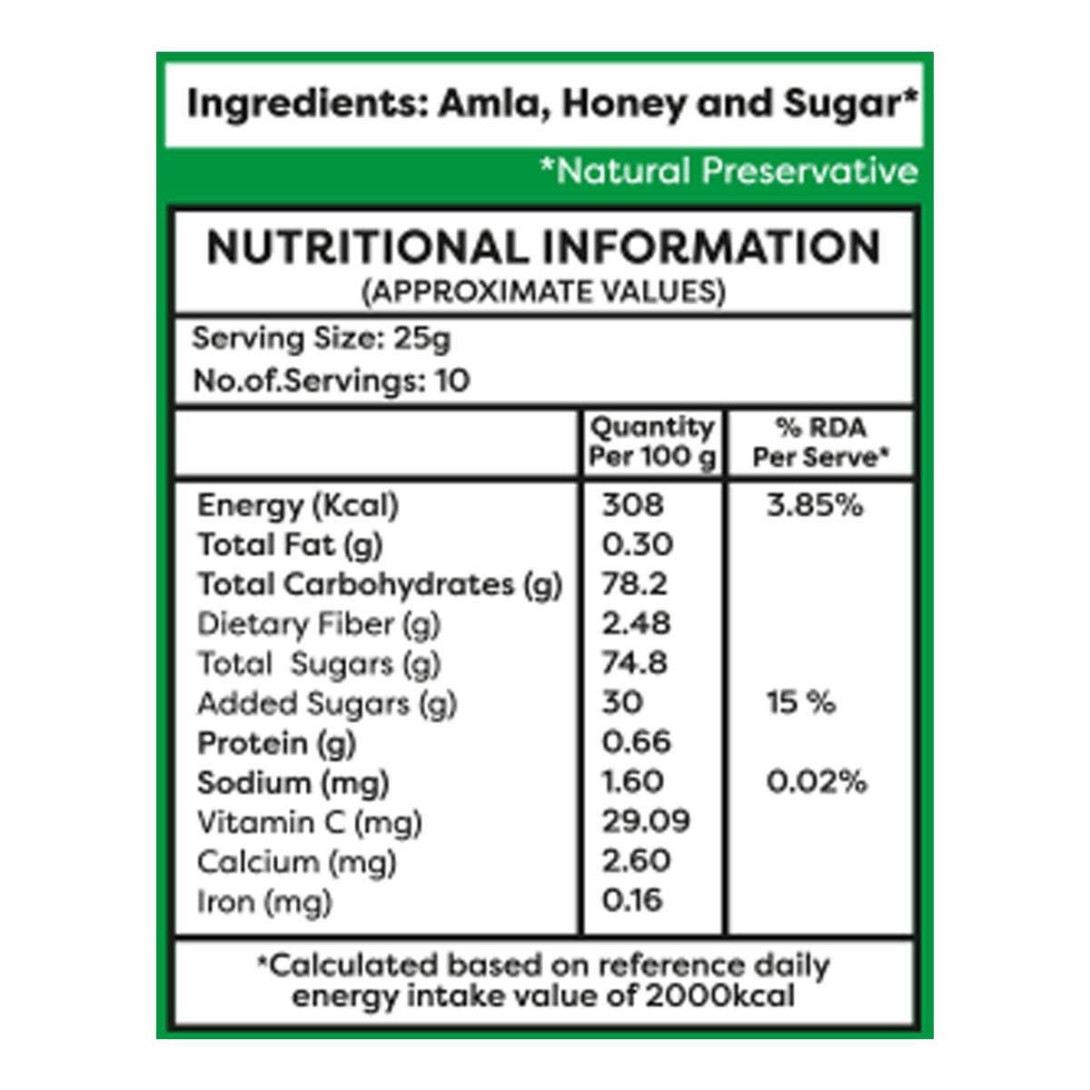 Saaral Cut Amla with Honey – 250 g nutrition packaging view