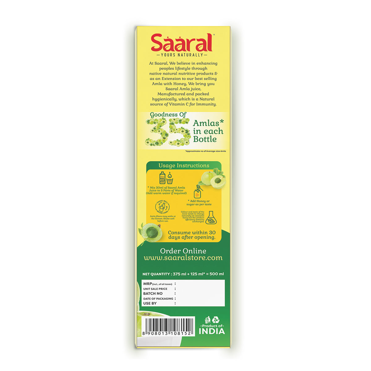 Saaral Amla Juice – 500 ml back packaging view