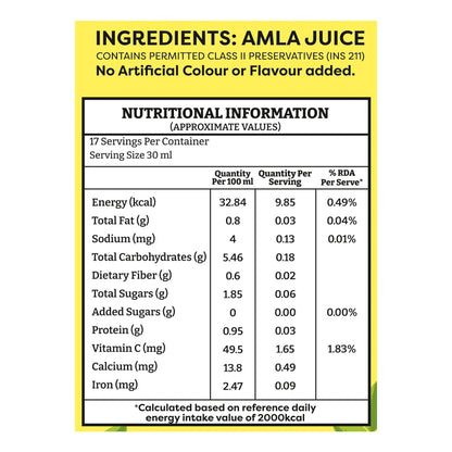 Saaral Amla Juice – 500 ml nutrition packaging view