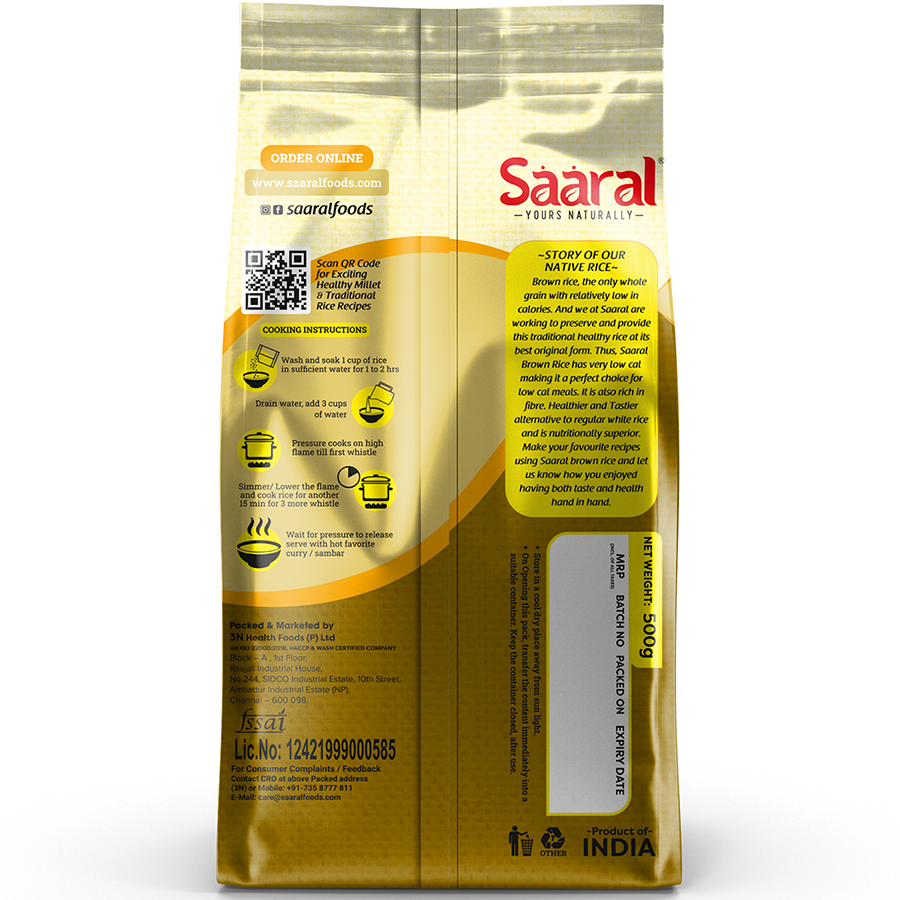 Saaral Brown Rice – 500 g back packaging view