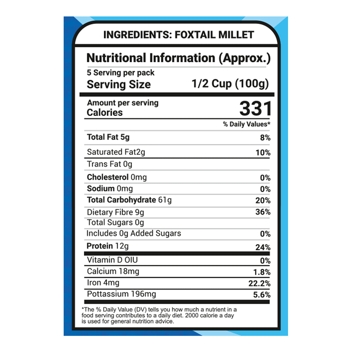 Saaral Foxtail Millet – 500 g nutrition packaging view