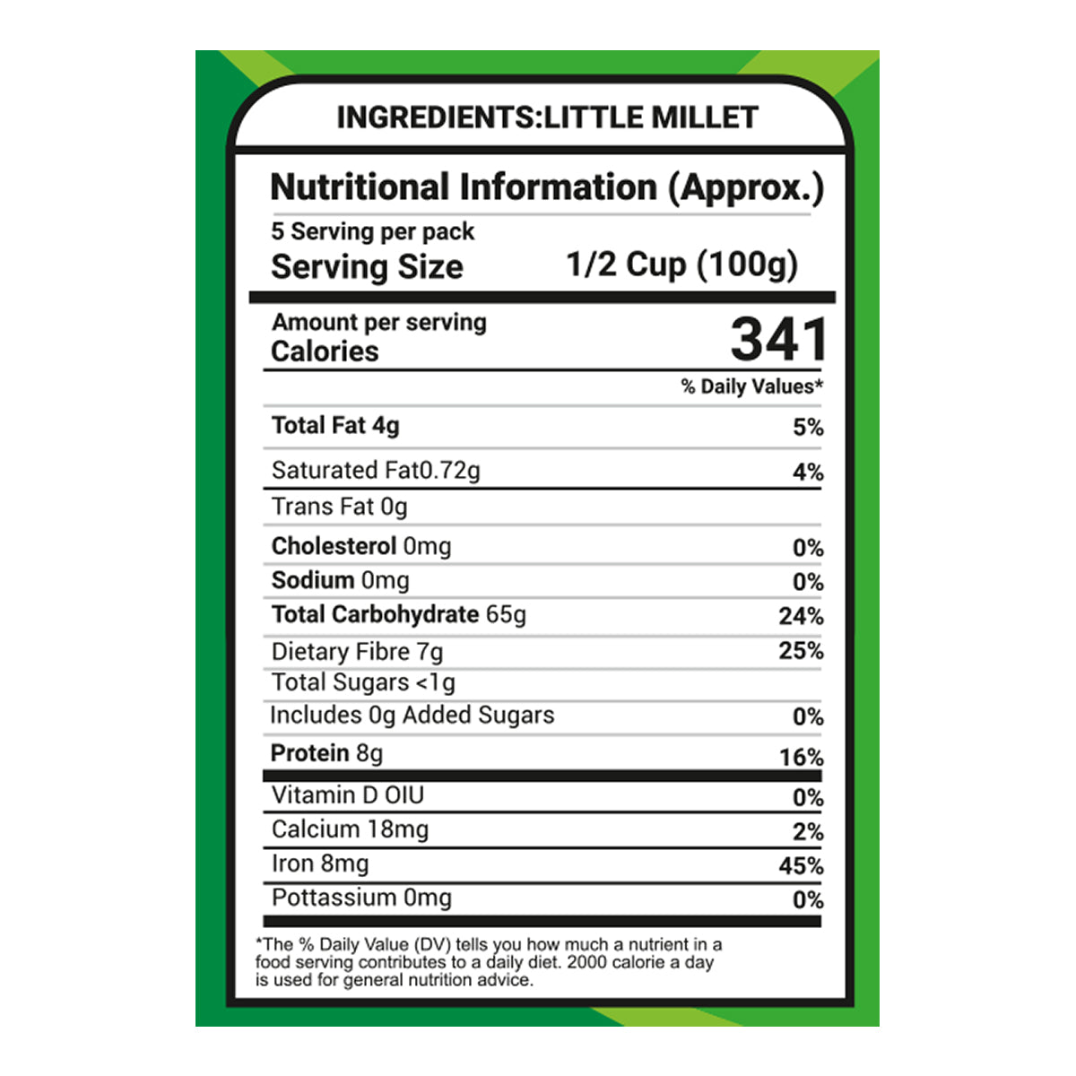 Saaral Little Millet – 500 g nutrition packaging view