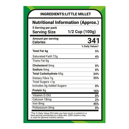 Saaral Little Millet – 500 g nutrition packaging view